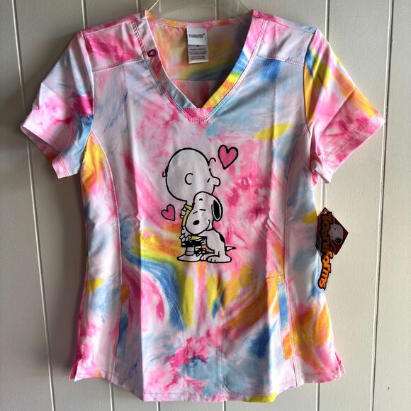 Cherokee Uniform Tooniforms Peanuts Pastel Tie Dye V Neck Nurse Sz. S Scrub Top - Picture 2 of 9